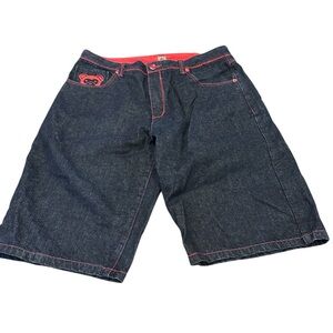 Rare Vintage Evisu Japanese‎ dark Denim Shorts Sz 38 red embroidered teddy bear